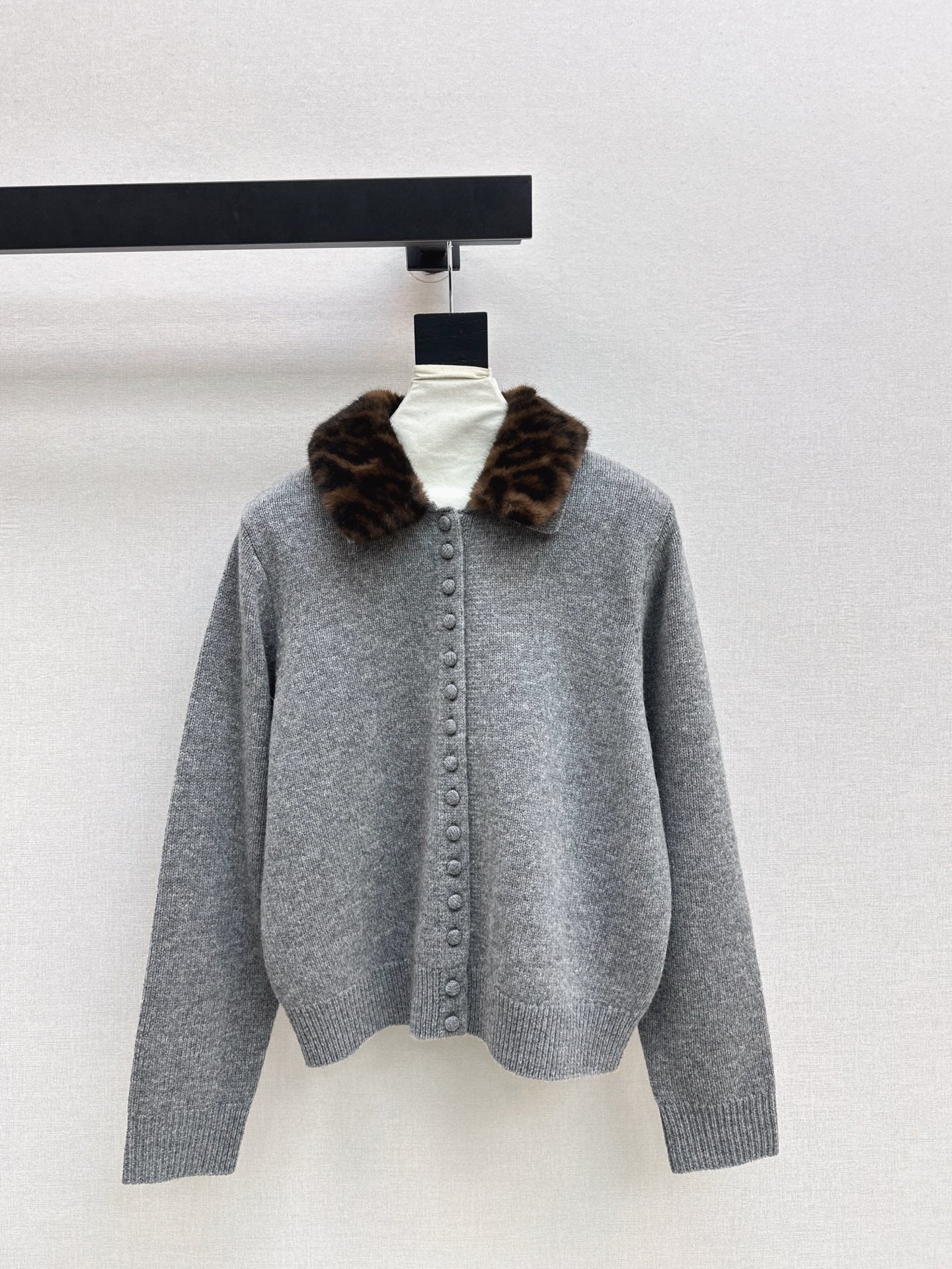 Leopard print collared wool cardigan