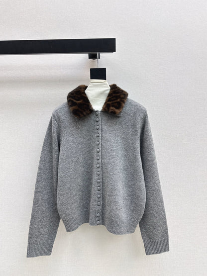 Leopard print collared wool cardigan