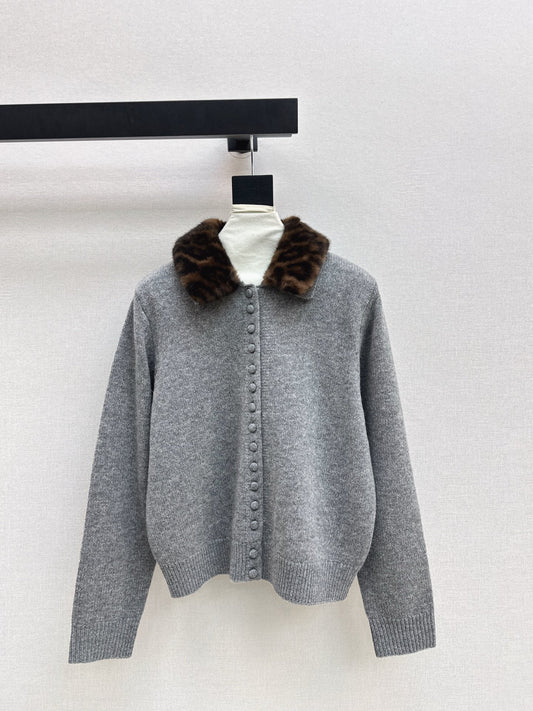 Leopard print collared wool cardigan