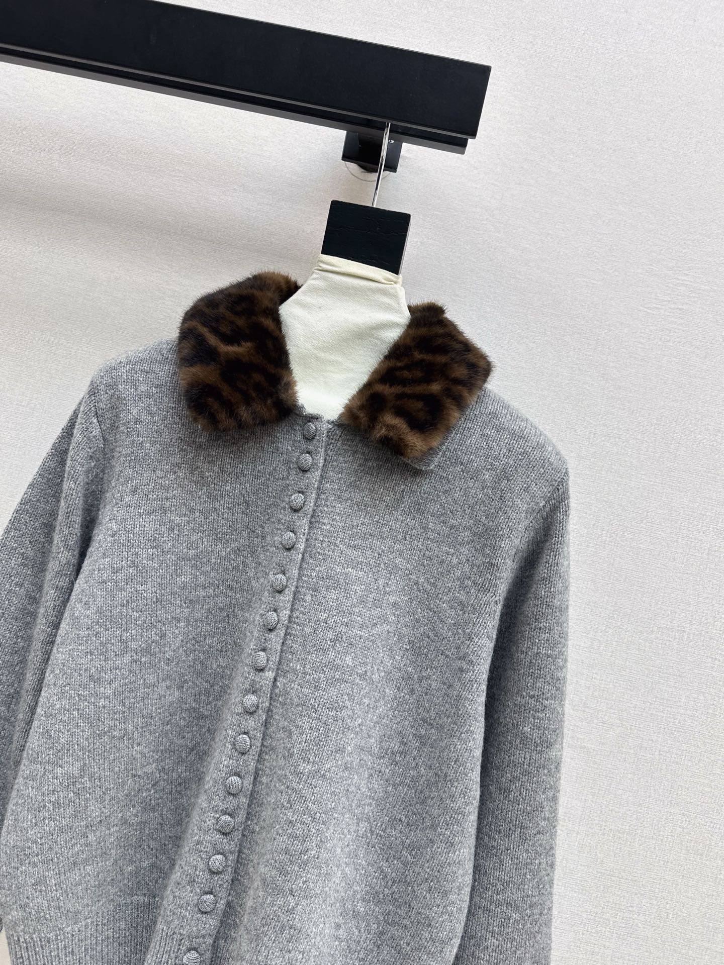 Leopard print collared wool cardigan