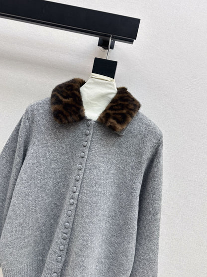 Leopard print collared wool cardigan