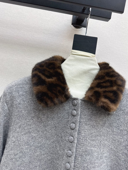 Leopard print collared wool cardigan