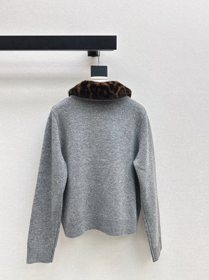 Leopard print collared wool cardigan