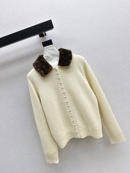 Leopard print collared wool cardigan