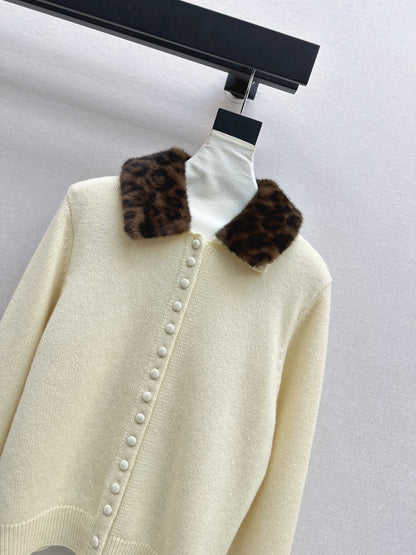 Leopard print collared wool cardigan