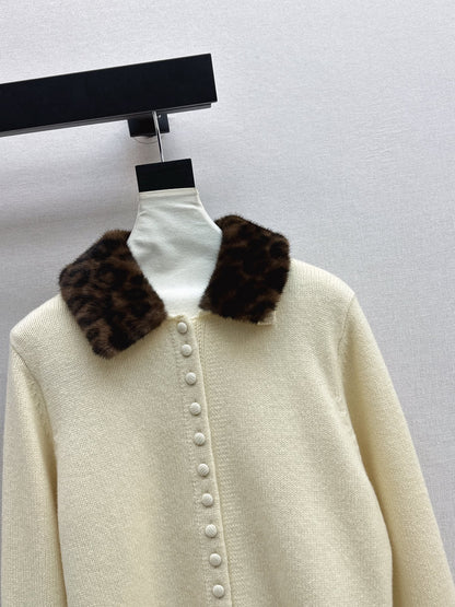 Leopard print collared wool cardigan