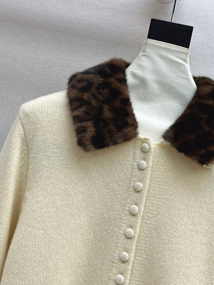 Leopard print collared wool cardigan