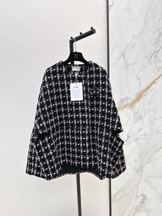 Woven Plaid Tweed Cape Coat