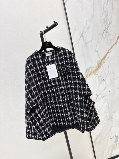 Woven Plaid Tweed Cape Coat