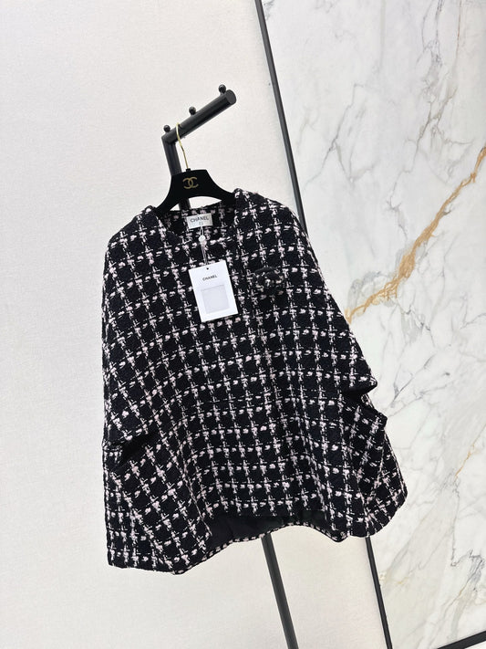 Woven Plaid Tweed Cape Coat