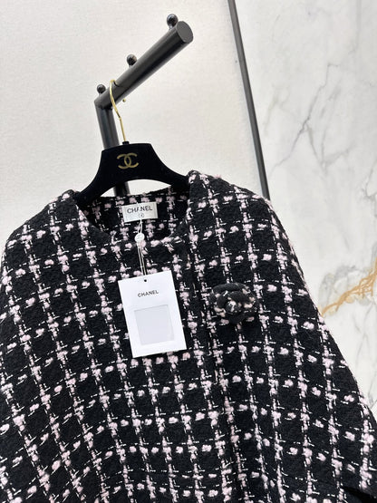 Woven Plaid Tweed Cape Coat