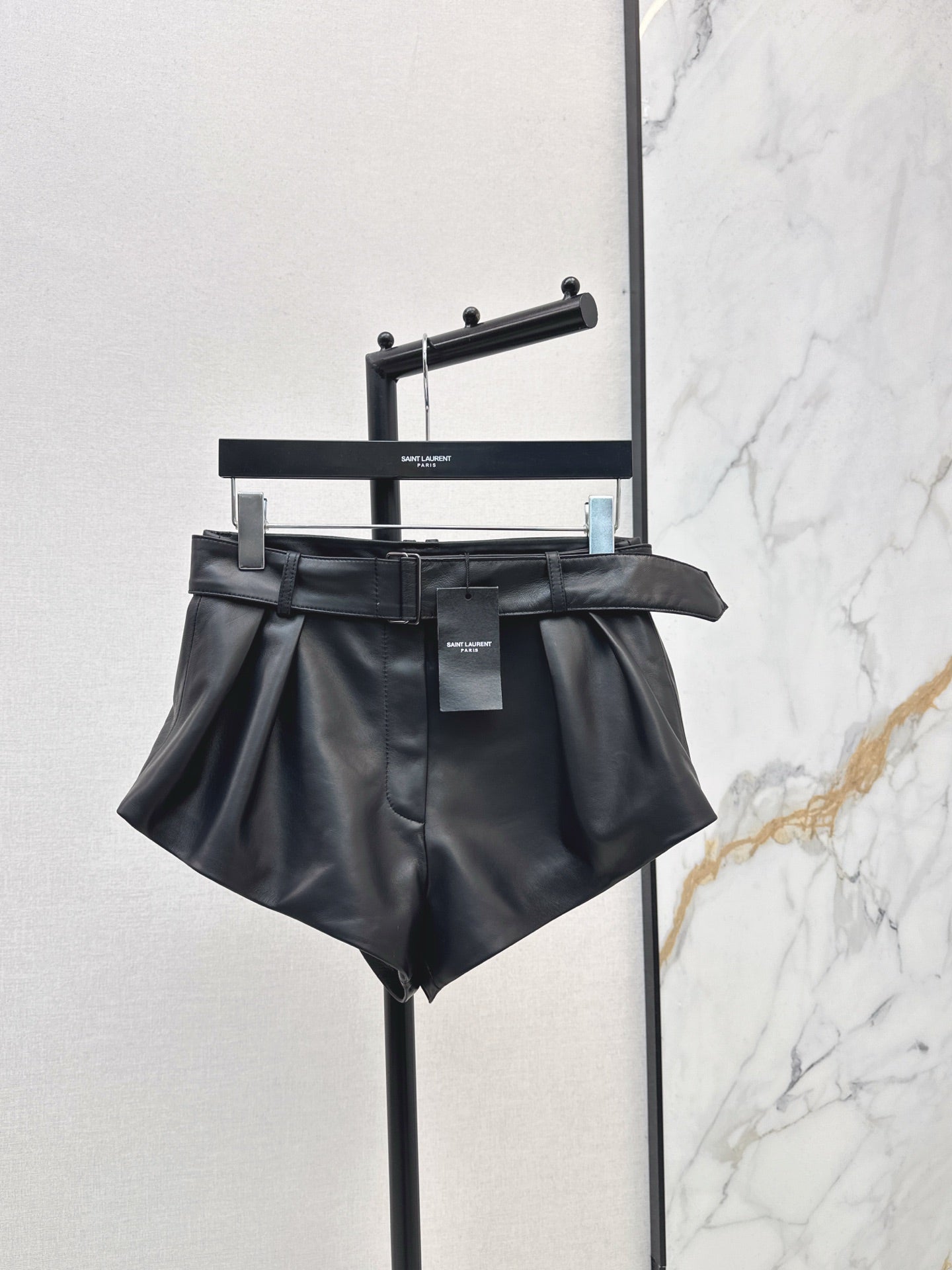 High-waisted leather shorts