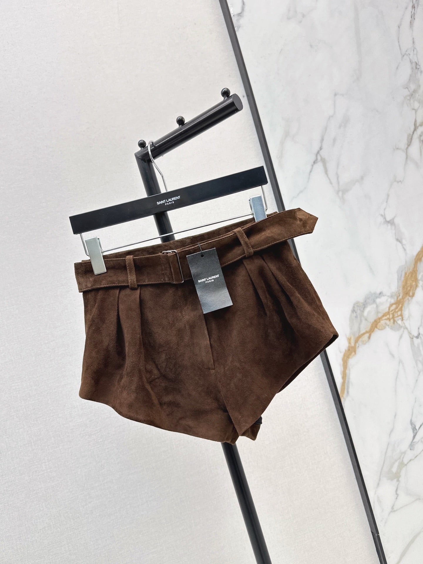 High-waisted leather shorts