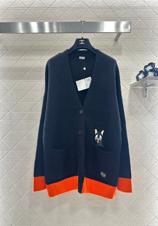 V-neck Color-blocked Cat Cardigan