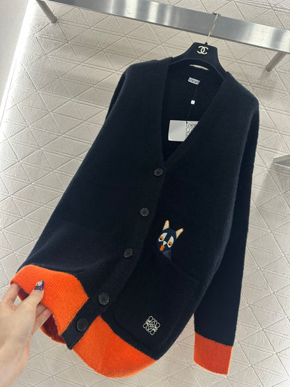 V-neck Color-blocked Cat Cardigan