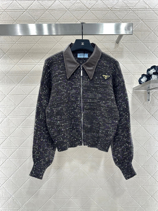 Leather-trimmed lapel zip-up jacket