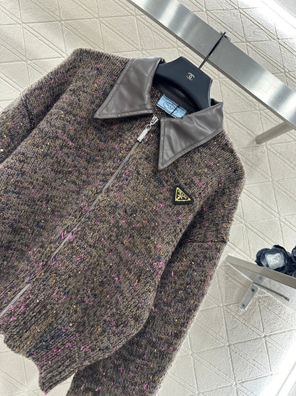 Leather-trimmed lapel zip-up jacket