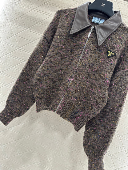 Leather-trimmed lapel zip-up jacket