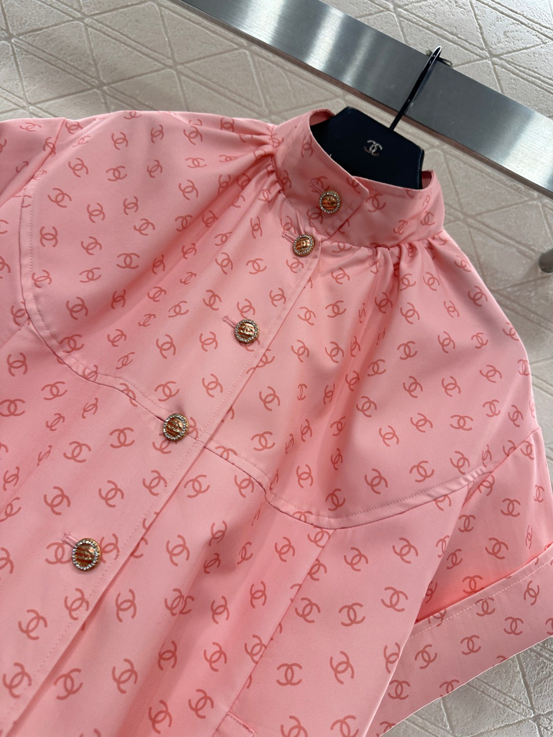 Printed Stand Collar Short-Sleeve Shirt