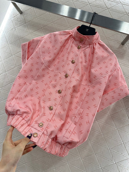 Printed Stand Collar Short-Sleeve Shirt
