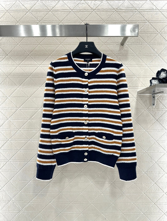 Crew Neck Striped Knit Cardigan