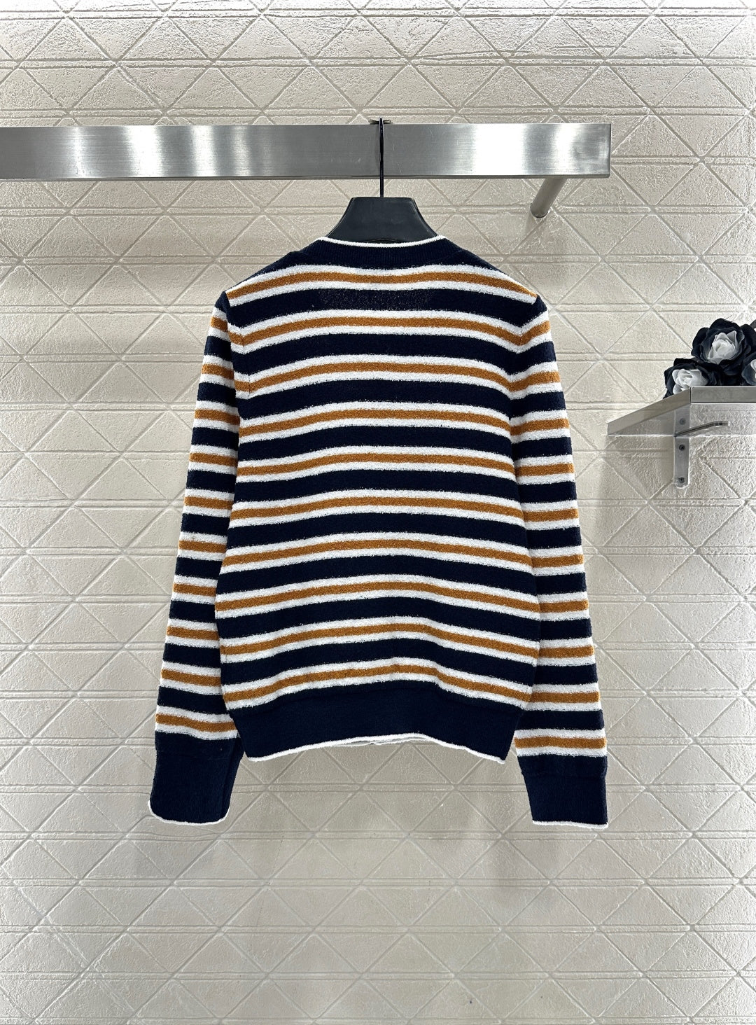 Crew Neck Striped Knit Cardigan
