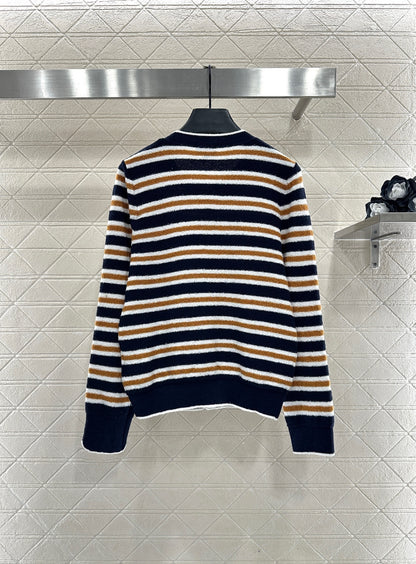 Crew Neck Striped Knit Cardigan