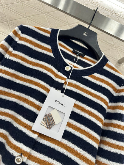 Crew Neck Striped Knit Cardigan