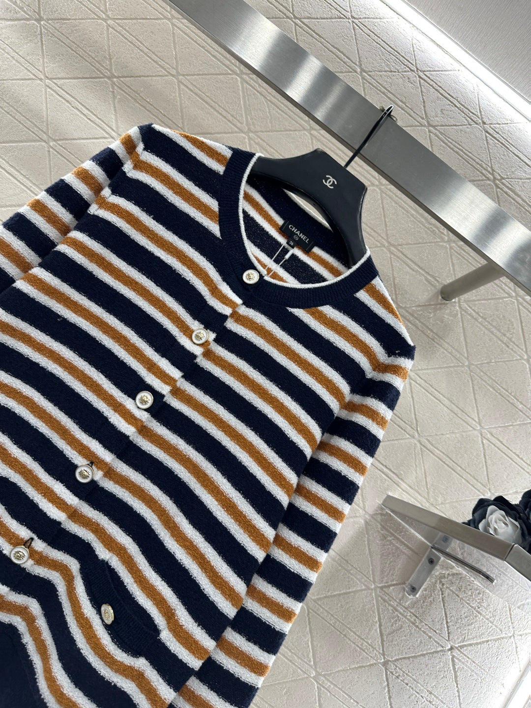 Crew Neck Striped Knit Cardigan