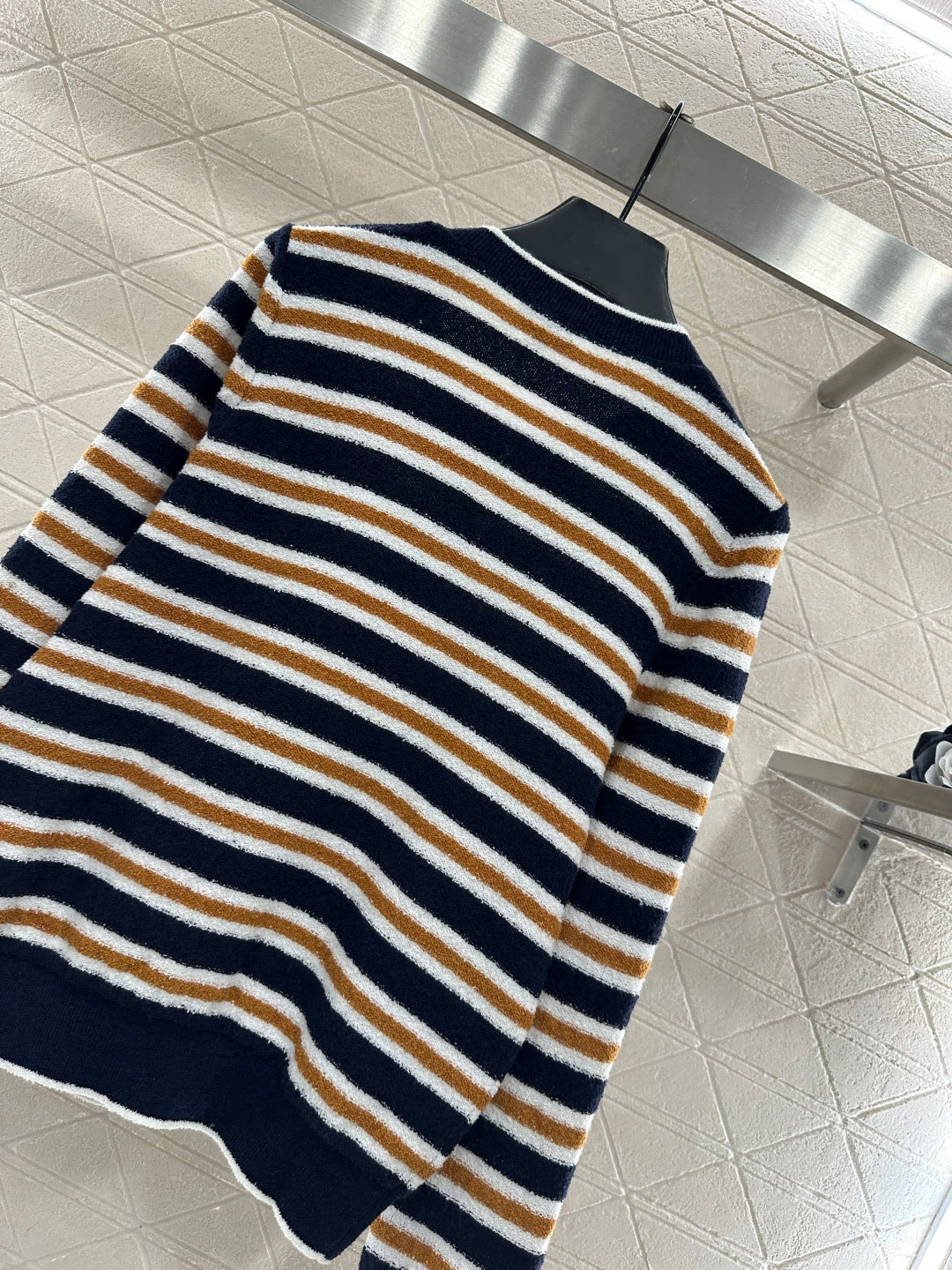 Crew Neck Striped Knit Cardigan