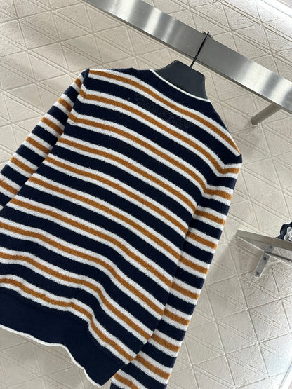 Crew Neck Striped Knit Cardigan