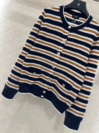 Crew Neck Striped Knit Cardigan