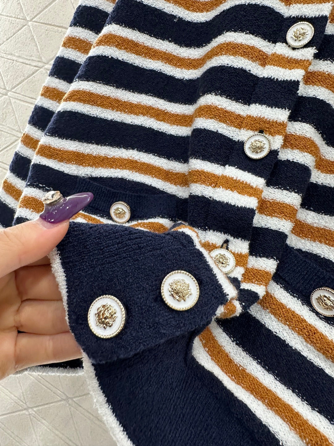 Crew Neck Striped Knit Cardigan