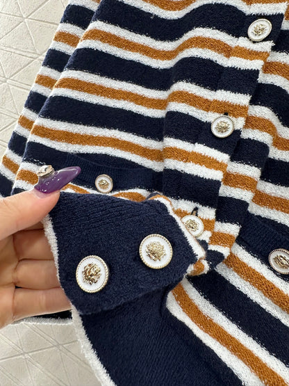 Crew Neck Striped Knit Cardigan