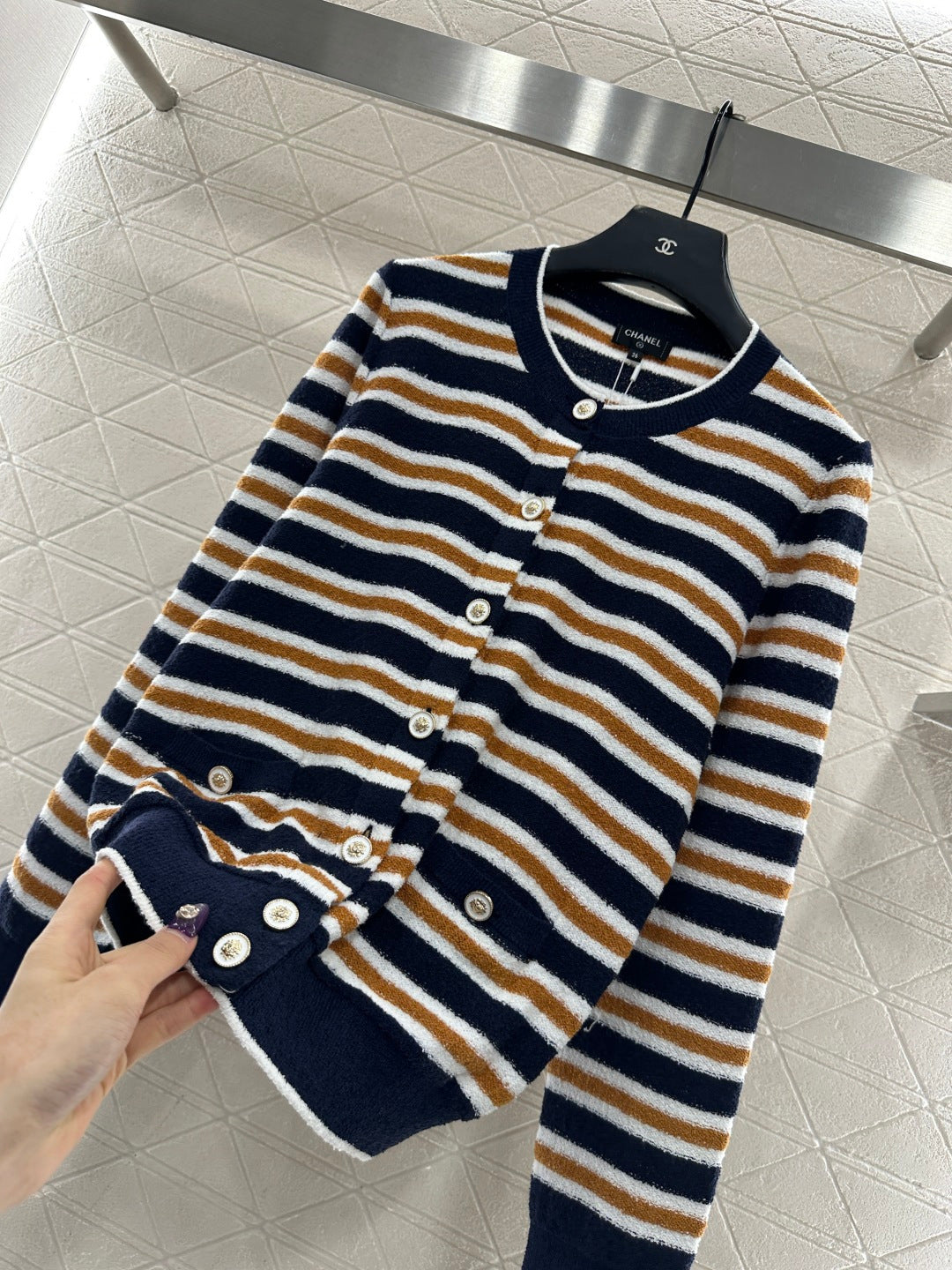 Crew Neck Striped Knit Cardigan