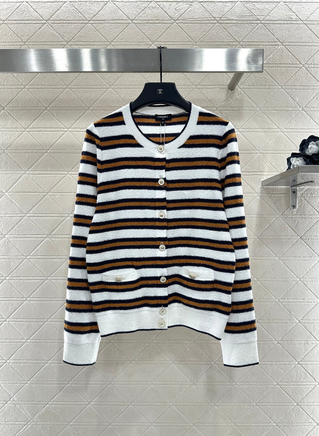 Crew Neck Striped Knit Cardigan