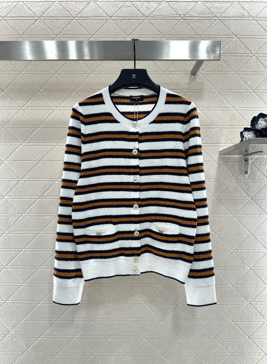 Crew Neck Striped Knit Cardigan