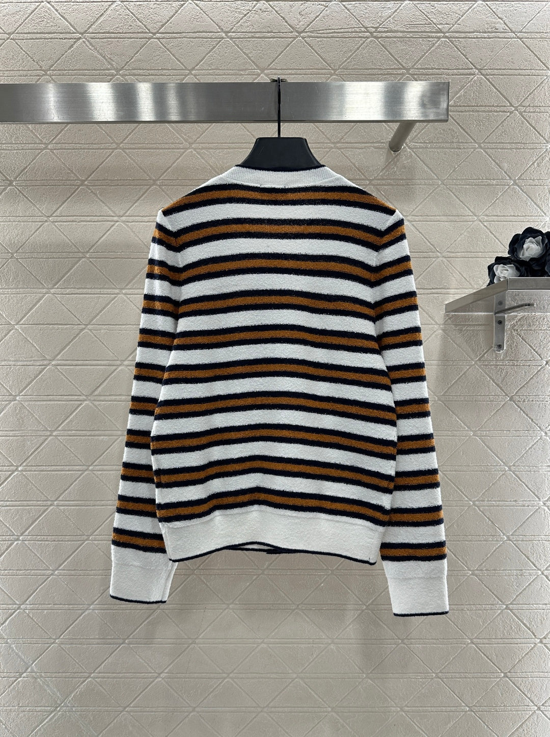 Crew Neck Striped Knit Cardigan