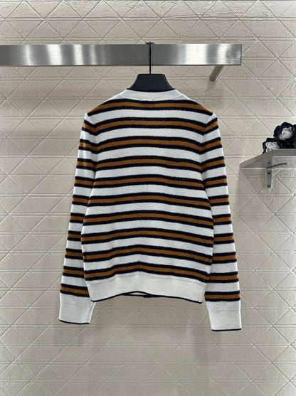 Crew Neck Striped Knit Cardigan