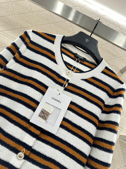 Crew Neck Striped Knit Cardigan
