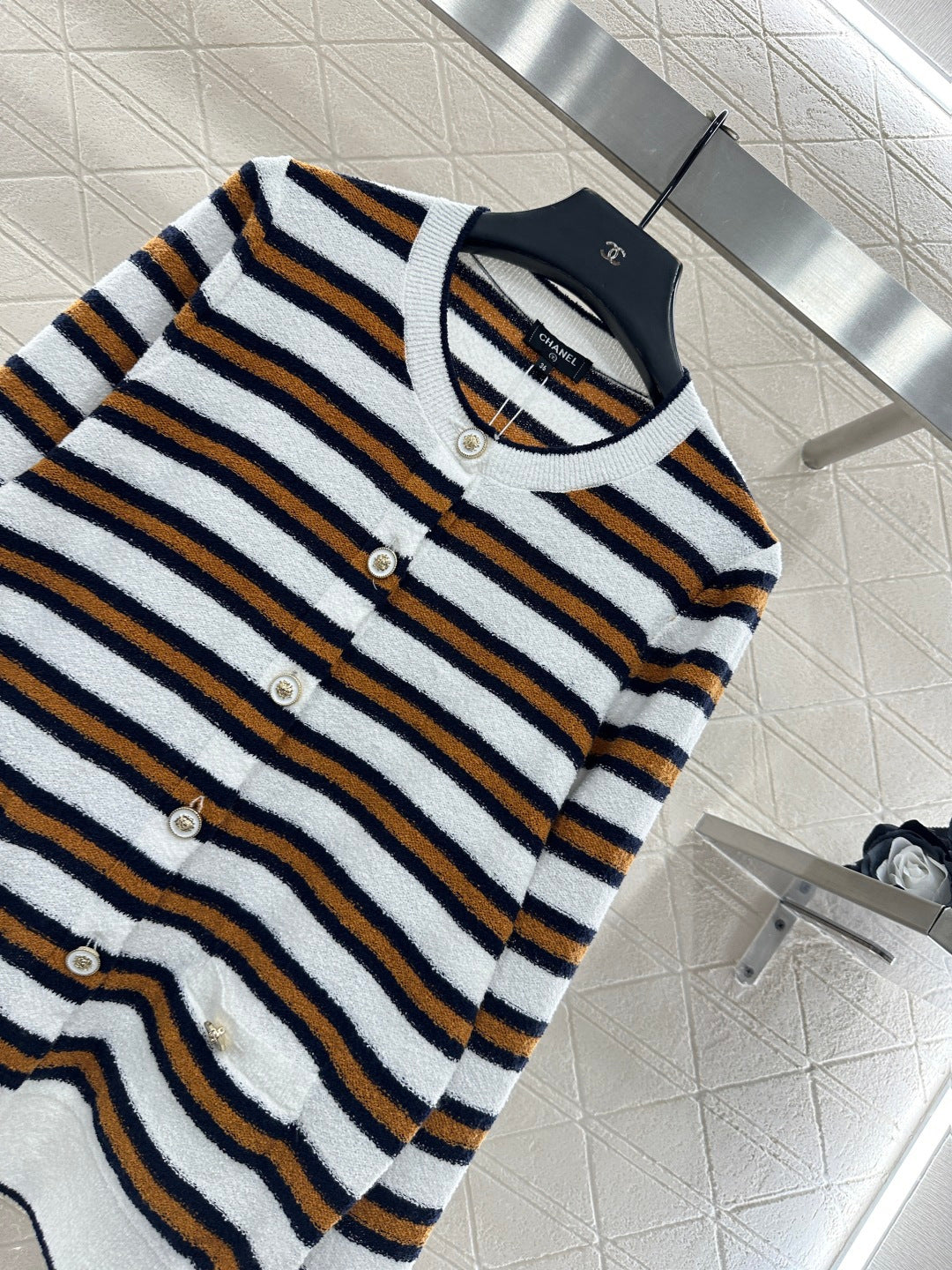 Crew Neck Striped Knit Cardigan
