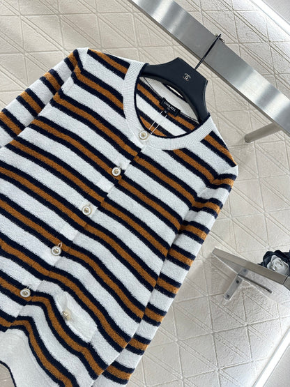 Crew Neck Striped Knit Cardigan