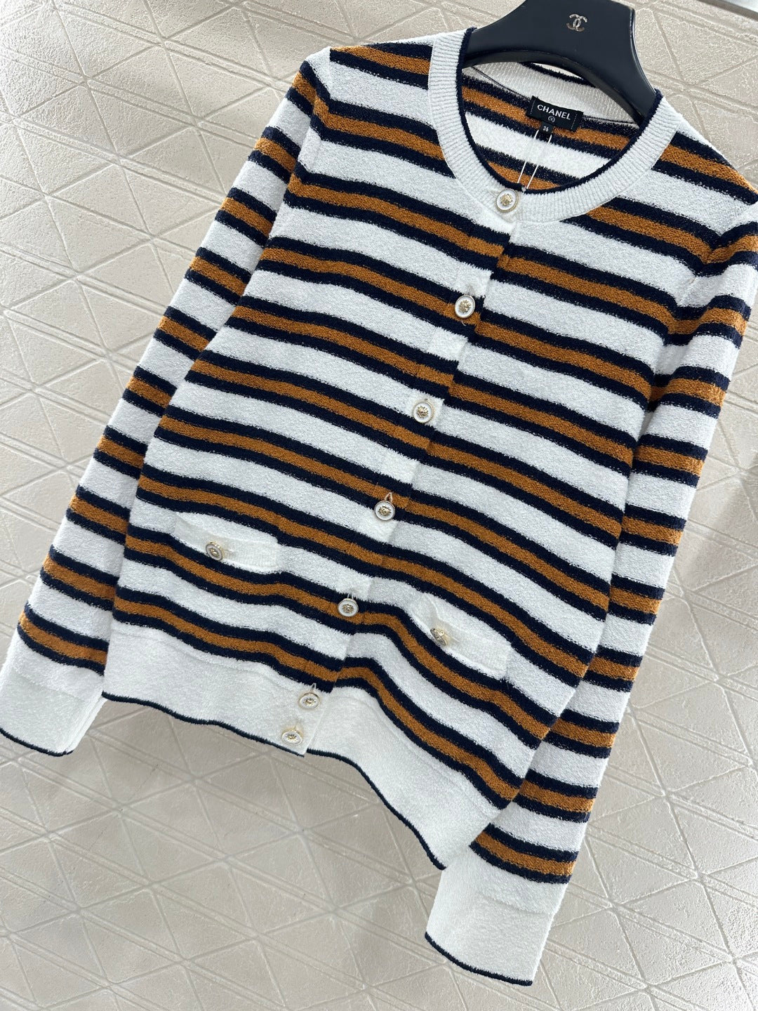 Crew Neck Striped Knit Cardigan