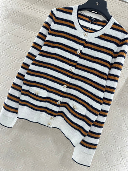 Crew Neck Striped Knit Cardigan