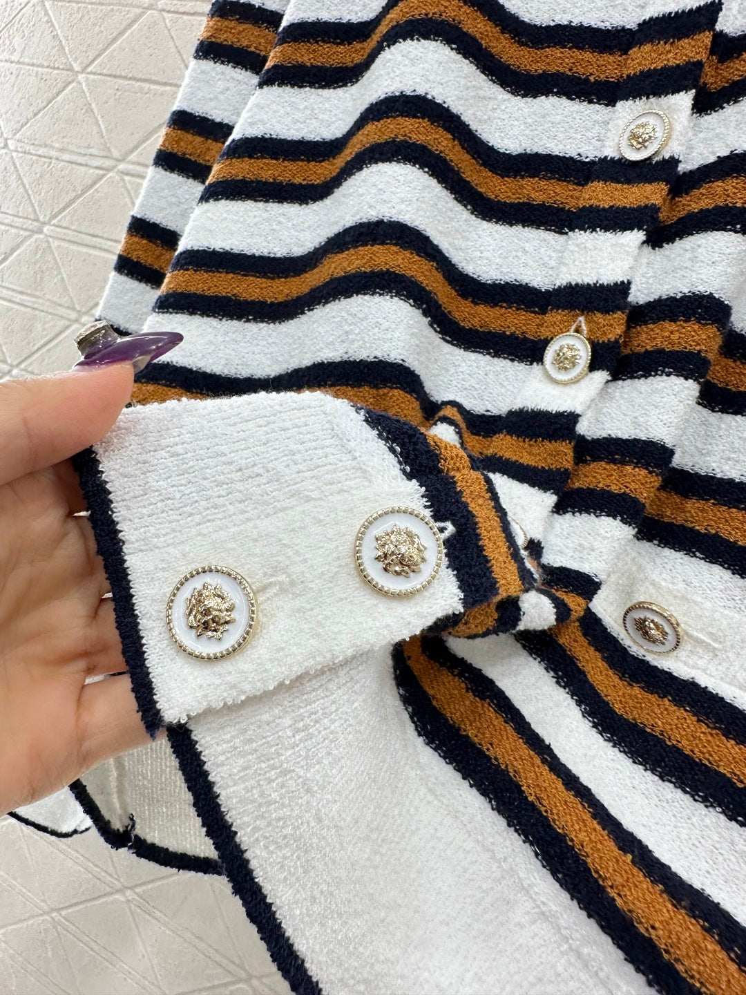 Crew Neck Striped Knit Cardigan