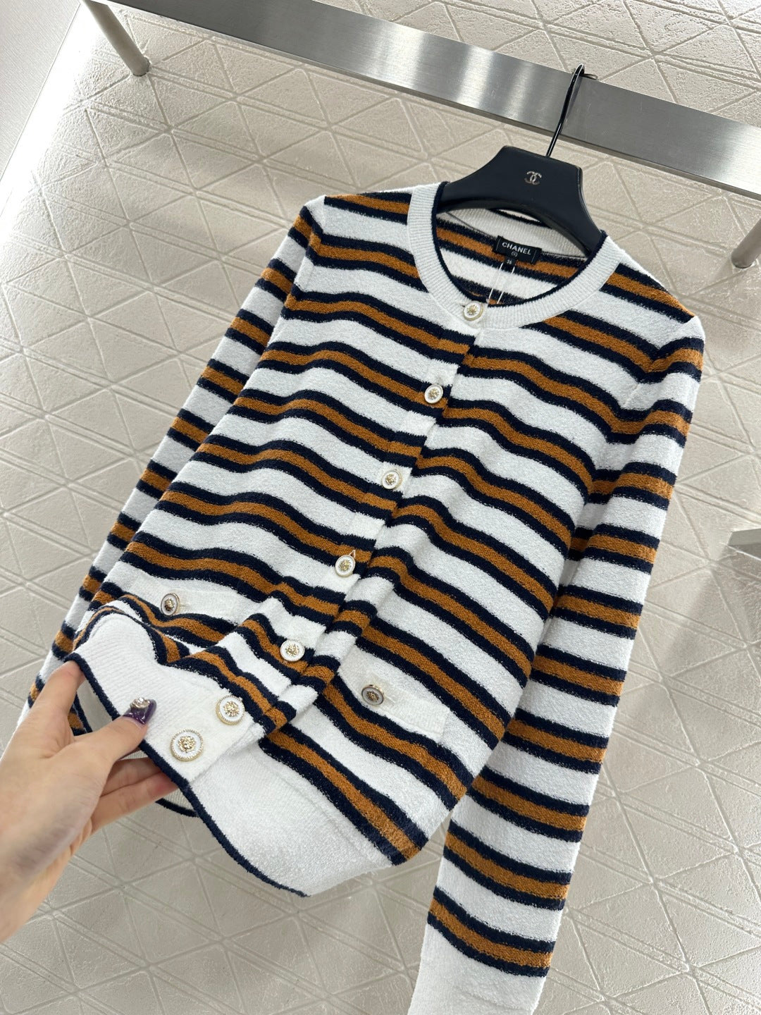 Crew Neck Striped Knit Cardigan