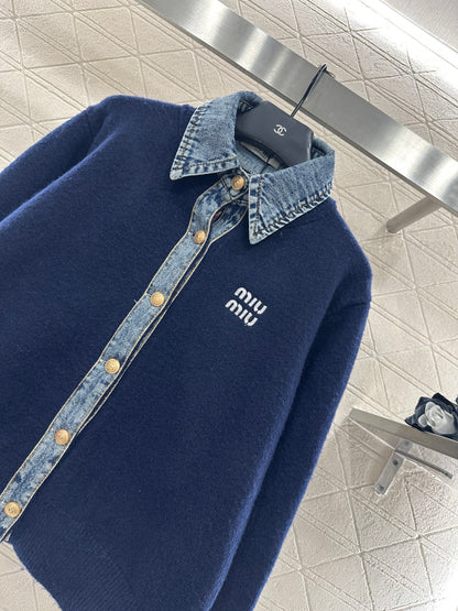 Denim Patchwork Collared Knit Cardigan