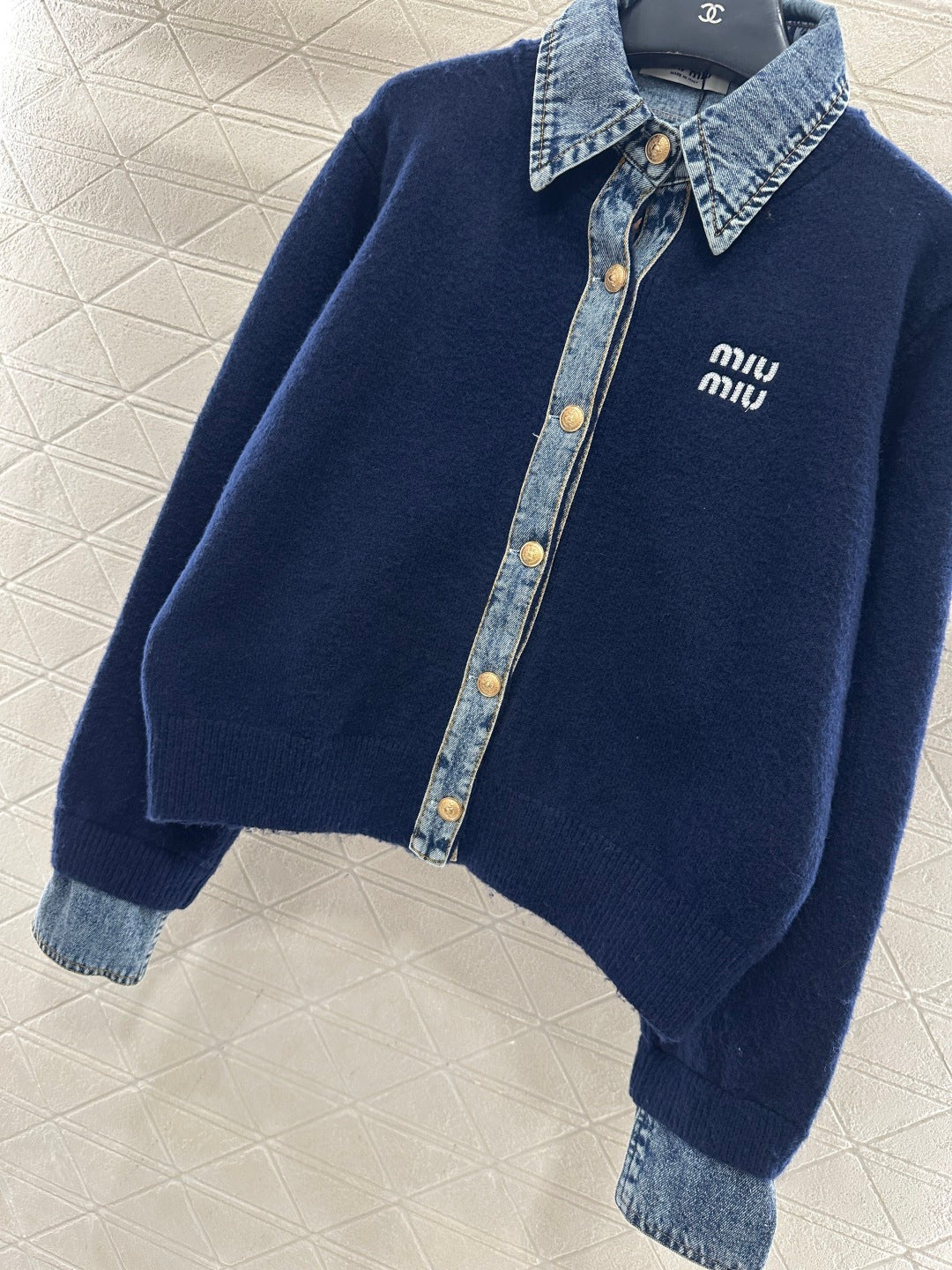 Denim Patchwork Collared Knit Cardigan