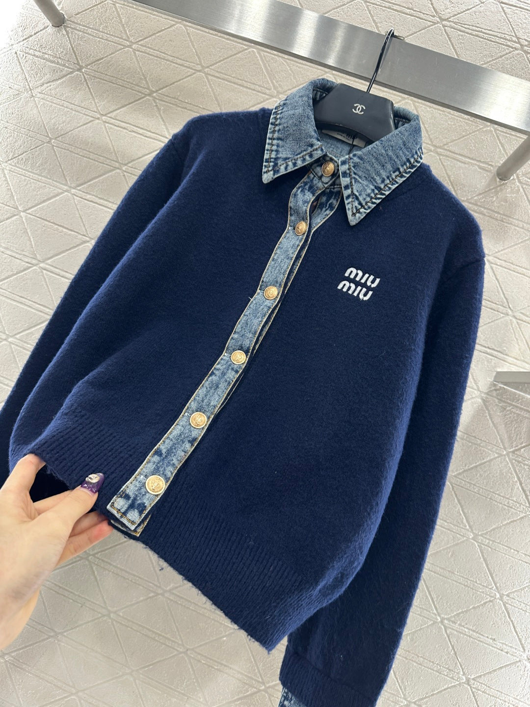 Denim Patchwork Collared Knit Cardigan