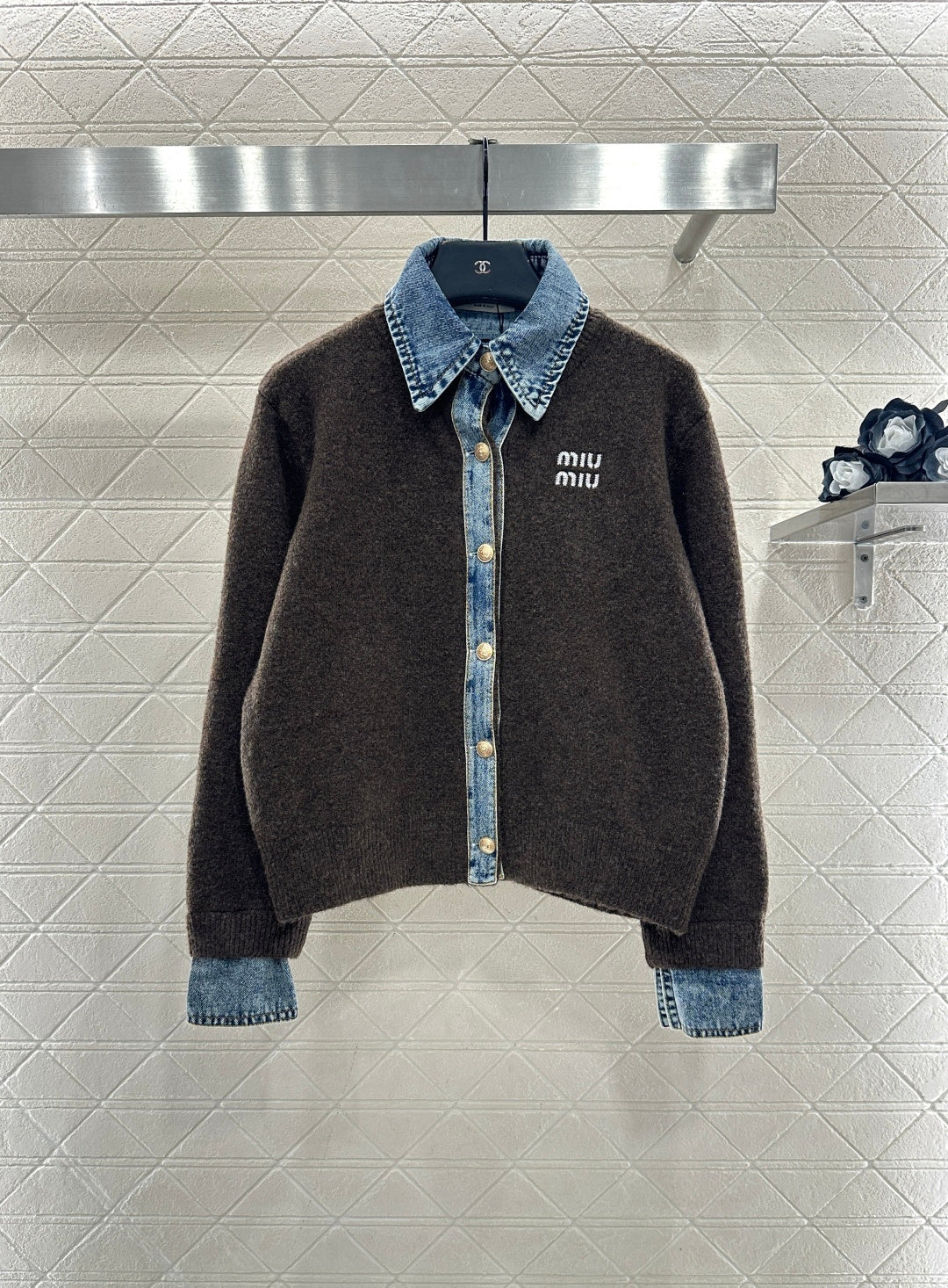 Denim Patchwork Collared Knit Cardigan